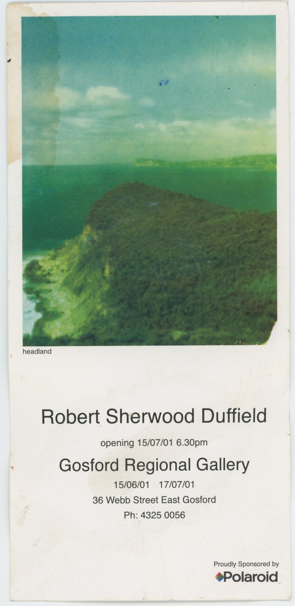 The 2001 Gosford Regional Gallery exhibition invitation featuring a headland photograph.