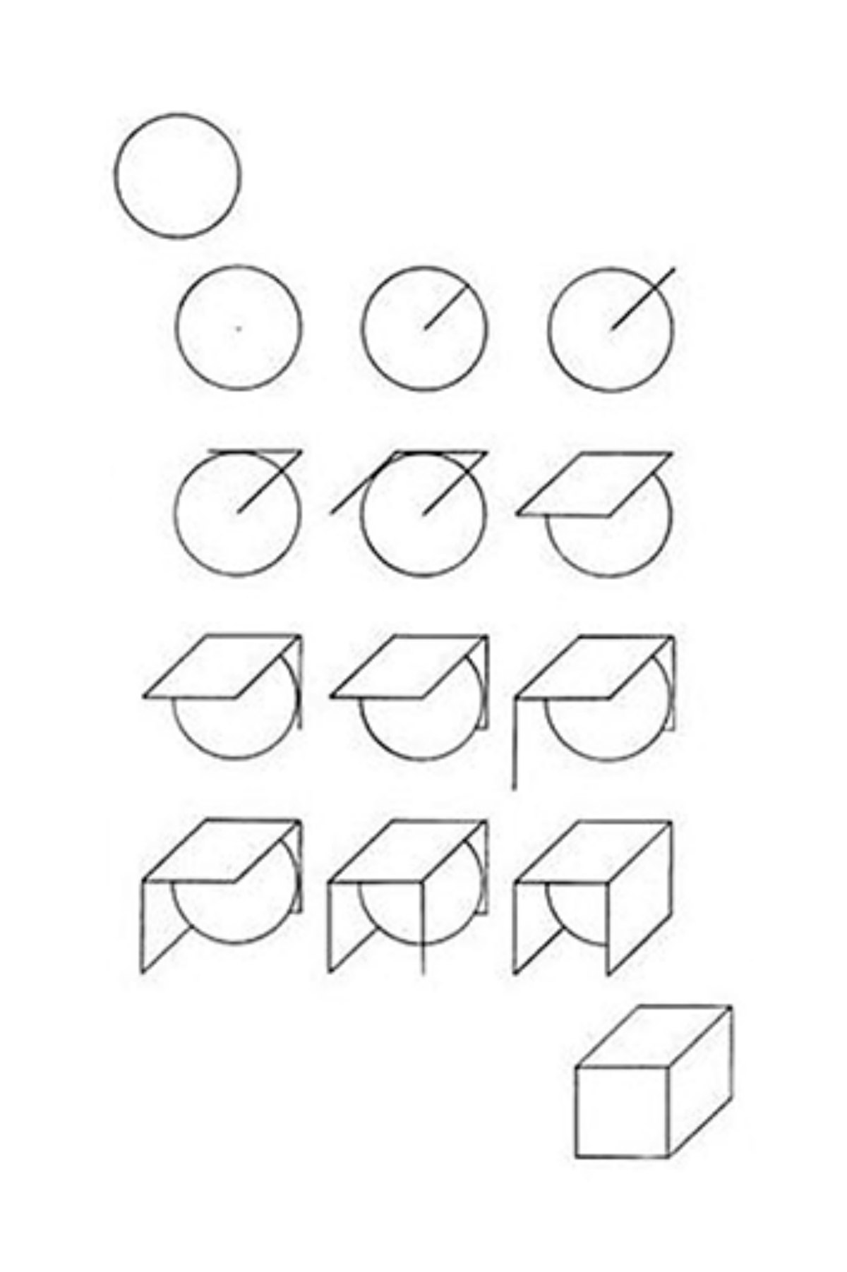 A pencil drawing of a sequence of figures in which a circle is gradually enclosed by lines until it becomes a cube.