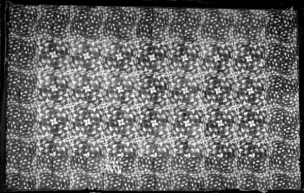 A long tessellated panel of photocopied date palm trunk patterns, double spirals repeated at two scales on black.