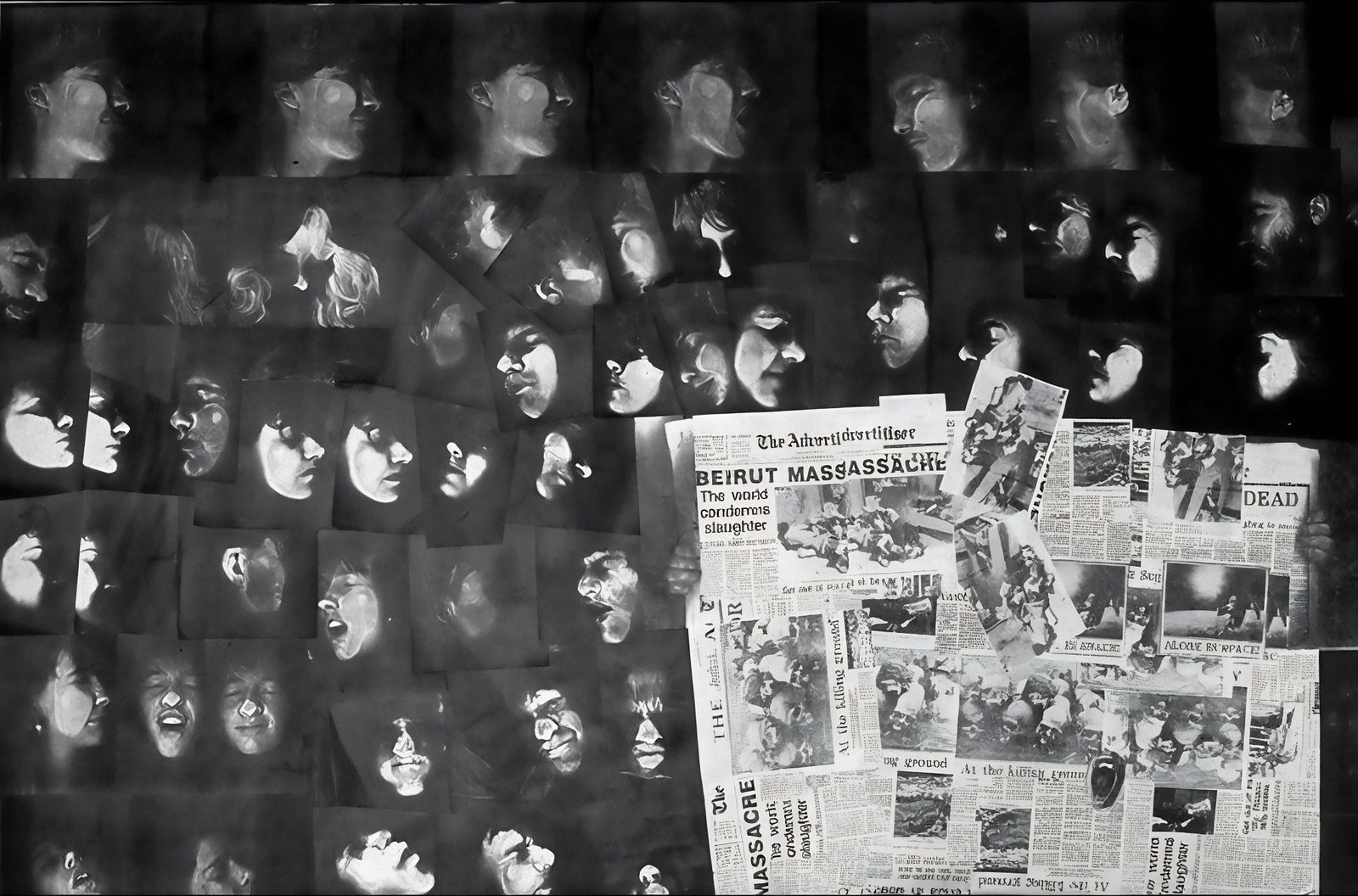 A large collage of photocopied faces with closed eyes emerging from darkness, with a man reading a newspaper in the lower right.