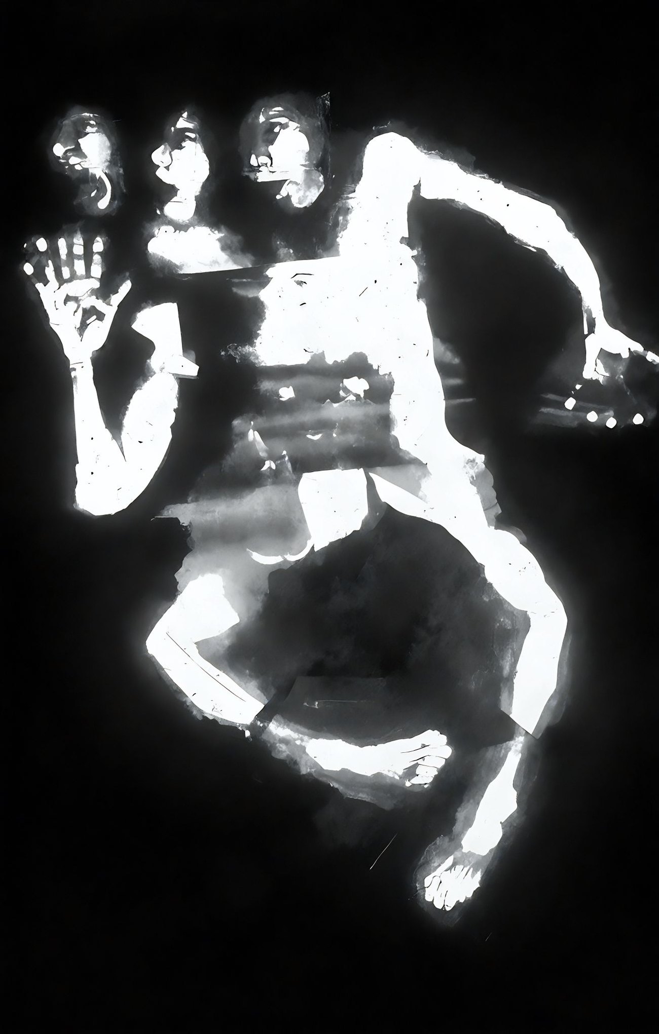A life-size collage of a photocopied body, fragmented and suspended in black, with several screaming heads.