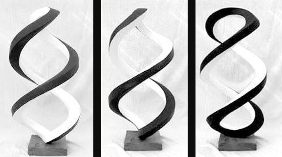 Three views of Wave, a tall twisting double-helix sculpture of laminated wood, one face painted black and the other white, on a small base.