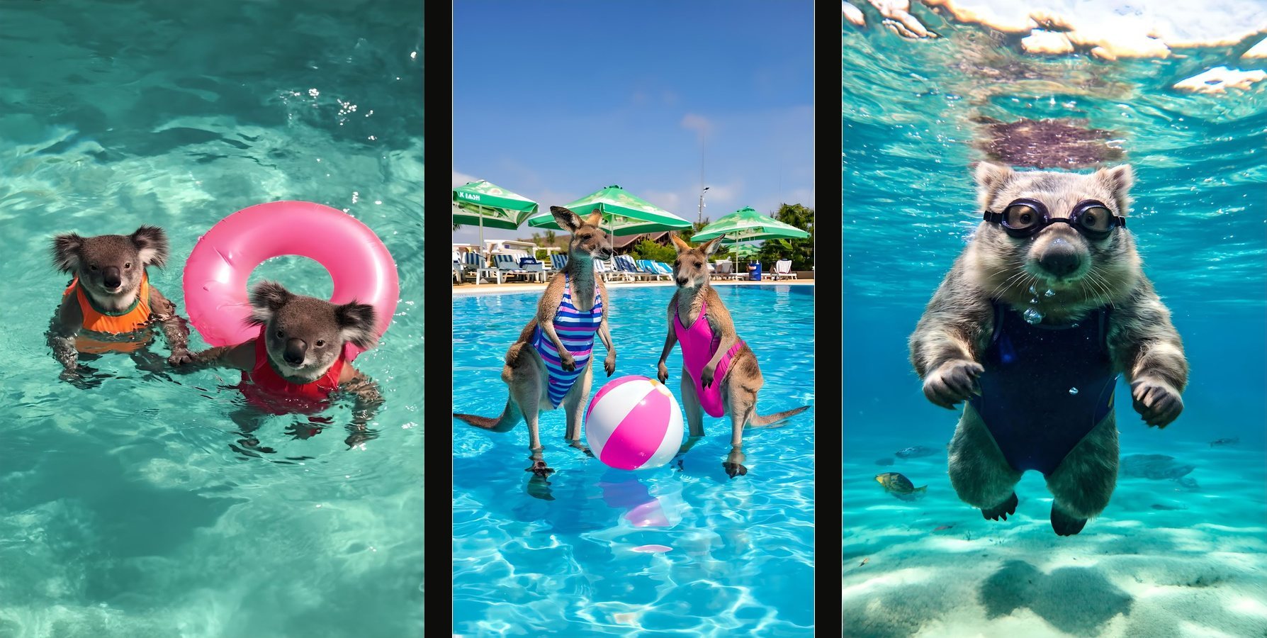 The three AI Fauna images: koalas with a pink swim ring, kangaroos with a beach ball, and a wombat in goggles swimming underwater.