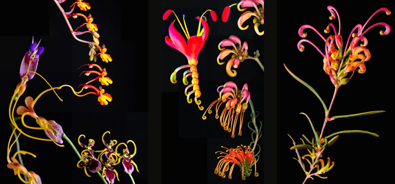 Three light box images of hybrid AI flora, red and gold blossoms on black.