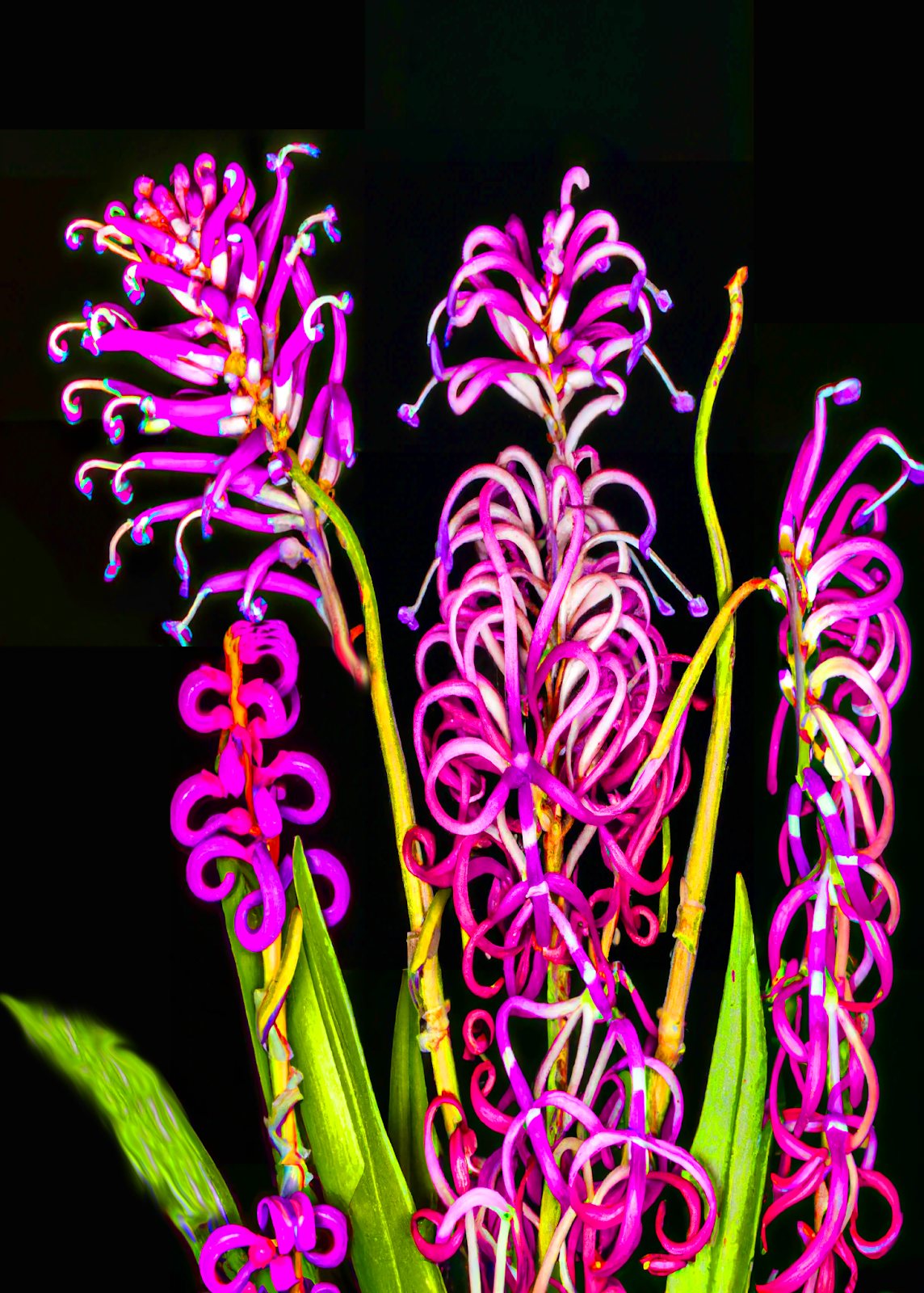 Magenta hybrid of hyacinth orchid and grevillea flowers on black.