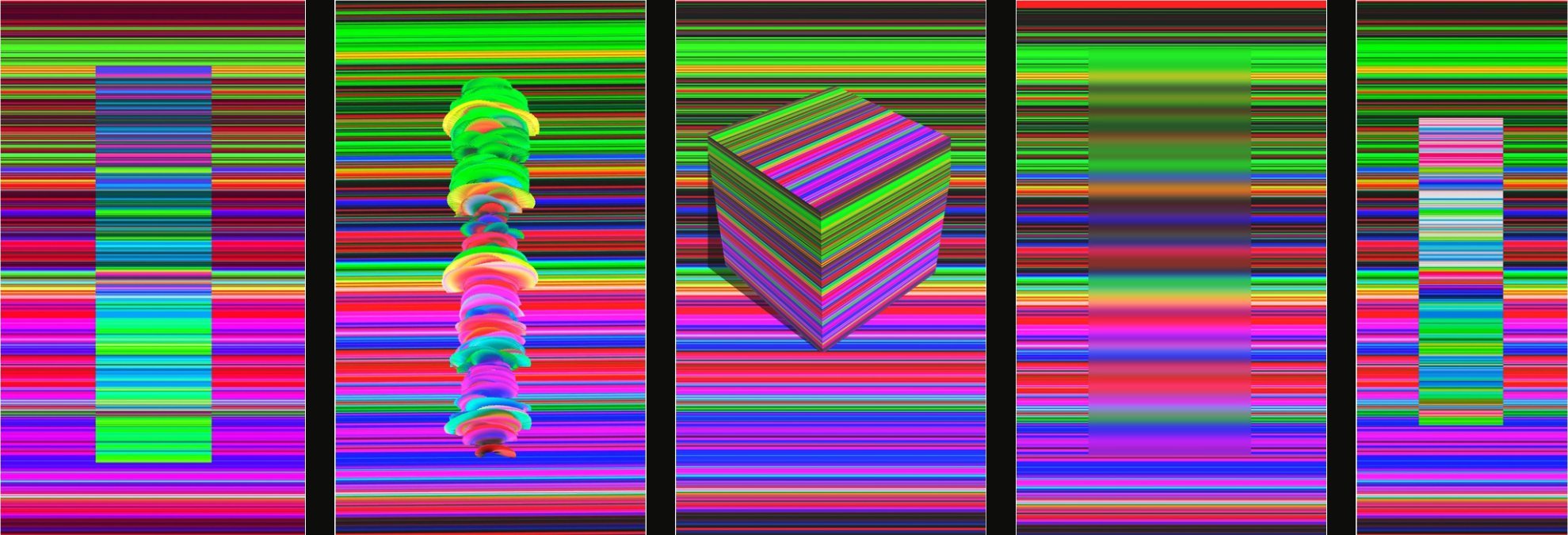 Five tall panels of horizontal glitch-like colour bands in magenta, green and violet.